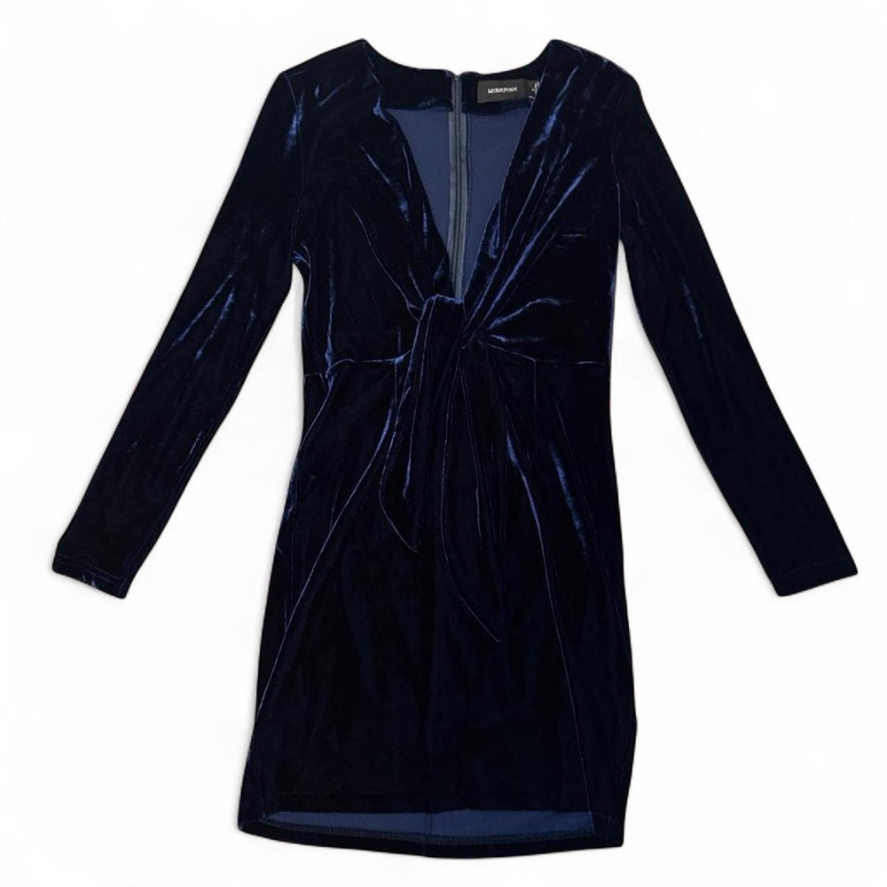 NWT MINKPINK Midnight Hour Blue Velvet Deep V Knotted Tie Bodycon Dress — SMALL - Picture 4 of 7